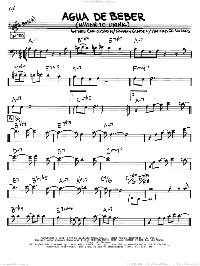 Agua De Beber (Water To Drink) sheet music for voice and other instruments (bass clef) by Antonio Carlos Jobim, Norman Gimbel and Vinicius de Moraes, intermediate skill level