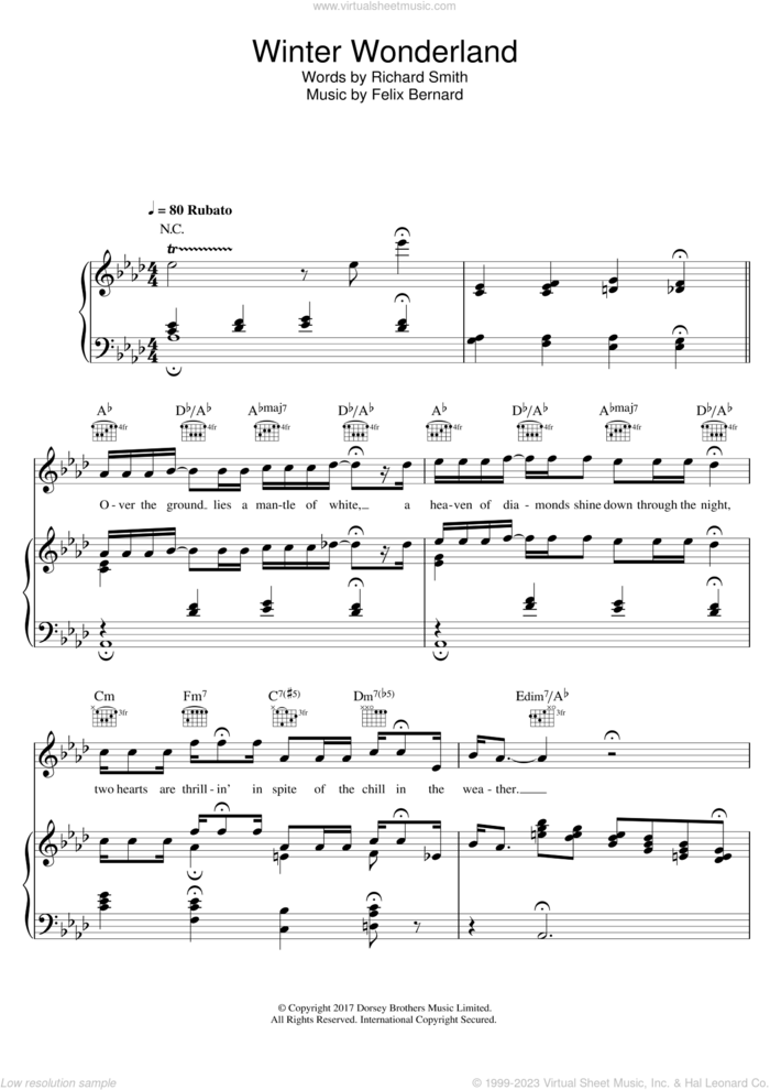 Winter Wonderland sheet music for voice, piano or guitar by Doris Day and Felix Bernard, intermediate skill level
