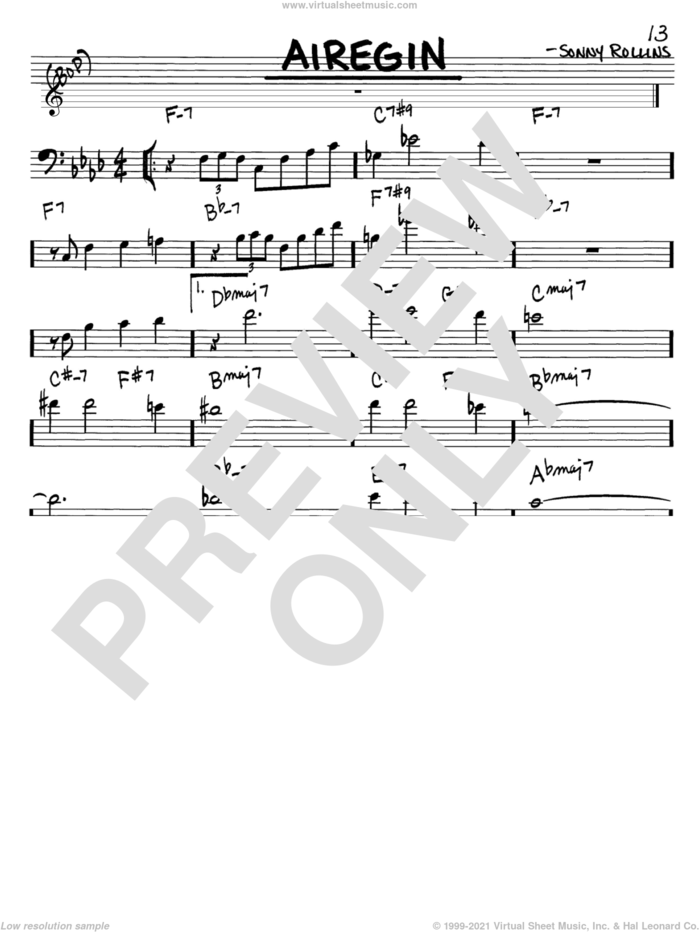Airegin sheet music for voice and other instruments (bass clef) by John Coltrane and Sonny Rollins, intermediate skill level