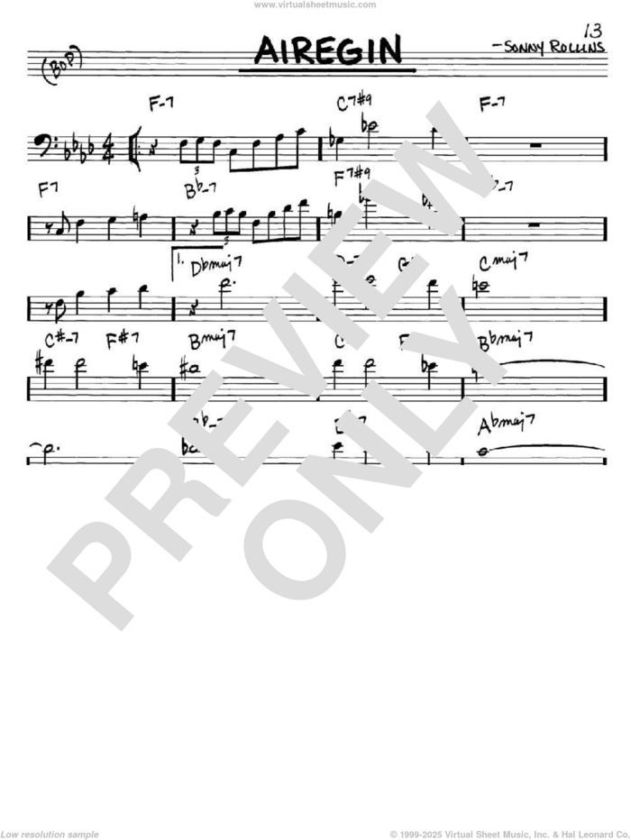 Airegin sheet music for voice and other instruments (bass clef) by John Coltrane and Sonny Rollins, intermediate skill level