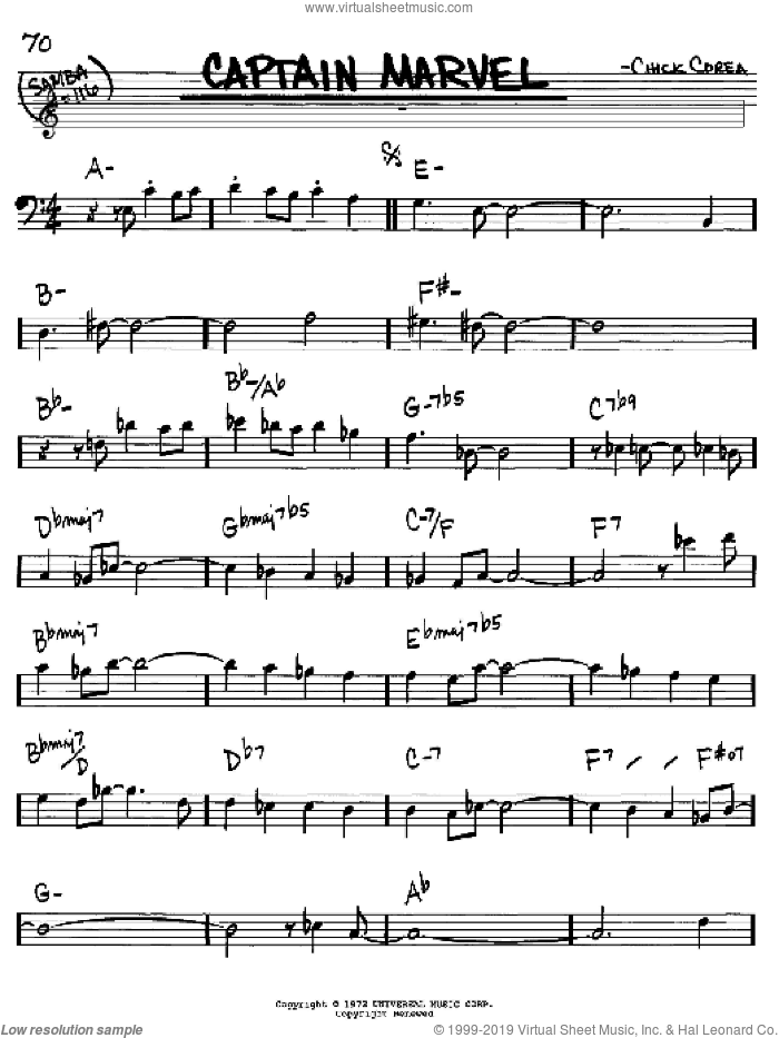 Captain Marvel sheet music for voice and other instruments (bass clef) by Chick Corea, intermediate skill level