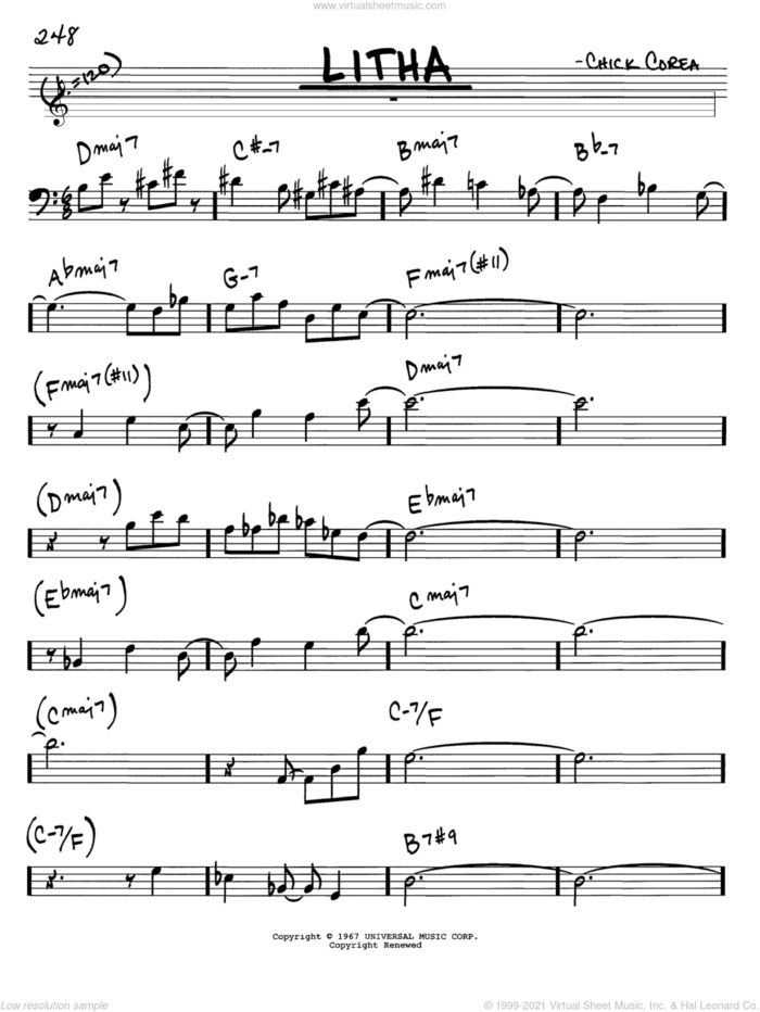 Litha sheet music for voice and other instruments (bass clef) by Chick Corea, intermediate skill level