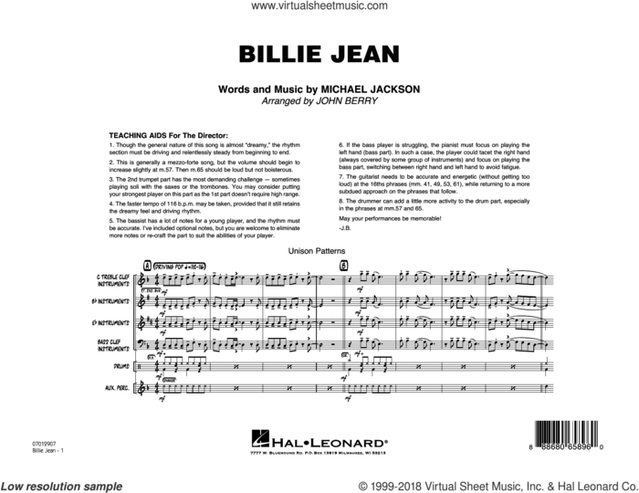 Billie Jean (COMPLETE) sheet music for jazz band by Michael Jackson, David Cook and John Berry, intermediate skill level