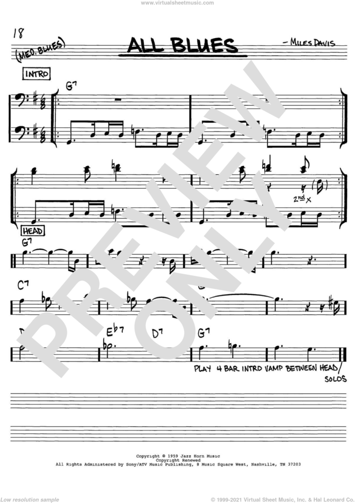 All Blues sheet music for voice and other instruments (bass clef) by Miles Davis, intermediate skill level