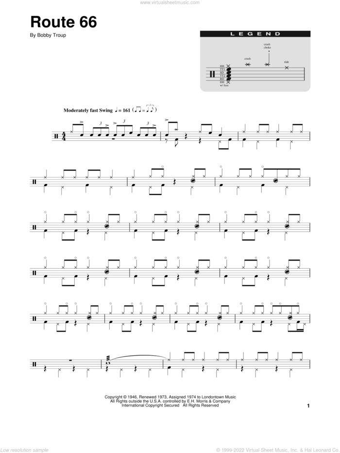 Route 66 sheet music for drums by Bobby Troup, intermediate skill level