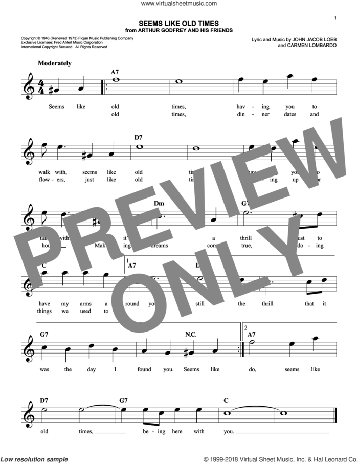 Seems Like Old Times sheet music for voice and other instruments (fake book) by John Jacob Loeb and Carmen Lombardo, easy skill level