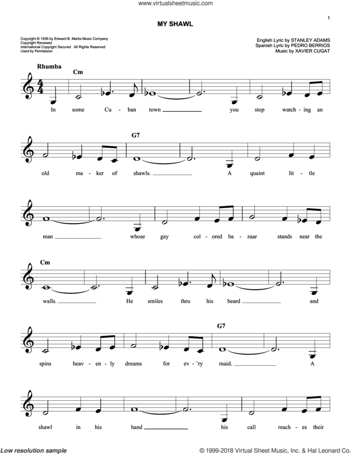My Shawl sheet music for voice and other instruments (fake book) by Stanley Adams, Pedro Berrios and Xavier Cugat, easy skill level
