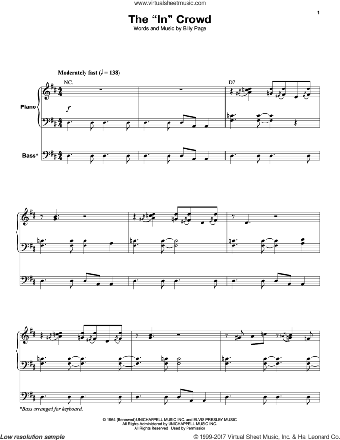 The 'In' Crowd sheet music for keyboard or piano by Ramsey Lewis Trio and Billy Page, intermediate skill level