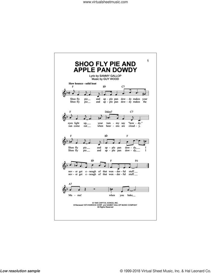 Shoo Fly Pie And Apple Pan Dowdy sheet music for voice and other instruments (fake book) by Guy Wood and Sammy Gallop, intermediate skill level