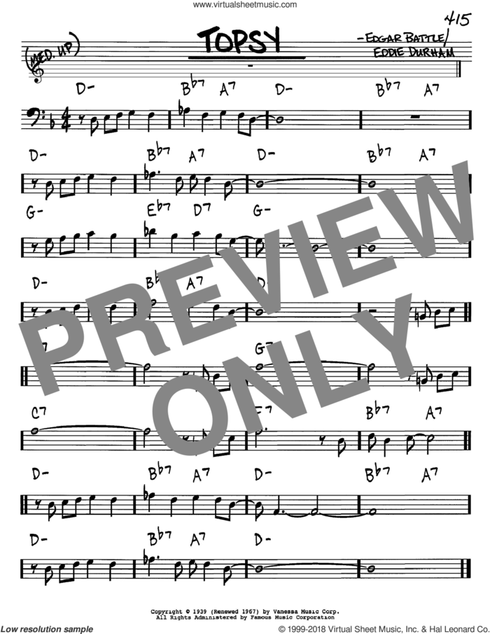 Topsy sheet music for voice and other instruments (bass clef) by Cozy Cole, Eddie Durham and Edgar Battle, intermediate skill level