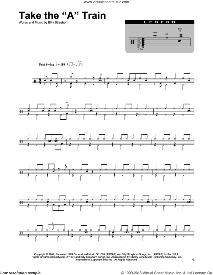 Take The 'A' Train sheet music for drums by Billy Strayhorn, intermediate skill level