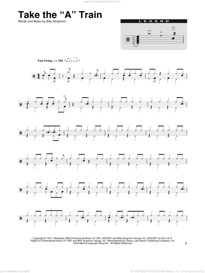 Take The 'A' Train sheet music for drums by Billy Strayhorn, intermediate skill level