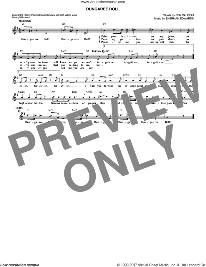 Dungaree Doll sheet music for voice and other instruments (fake book) by Eddie Fischer, Ben Raleigh and Sherman Edwards, intermediate skill level