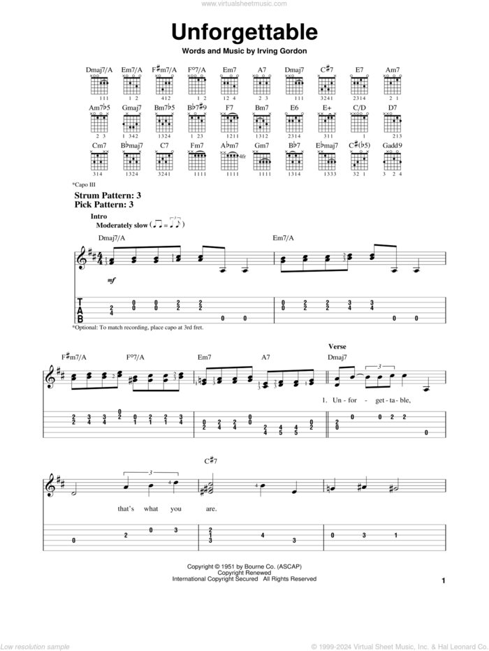 Unforgettable sheet music for guitar solo (easy tablature) by Irving Gordon, Dinah Washington, Nat King Cole and Natalie Cole, easy guitar (easy tablature)