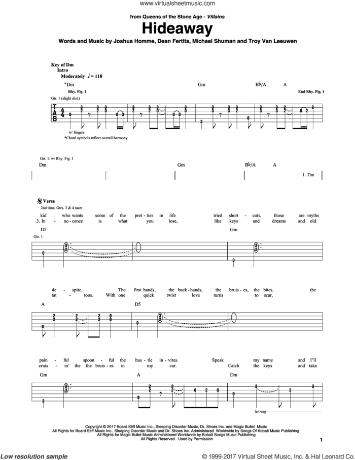 Hideaway sheet music for guitar (rhythm tablature) by Queens Of The Stone Age, Dean Fertita, Joshua Homme, Michael Shuman and Troy Van Leeuwen, intermediate skill level