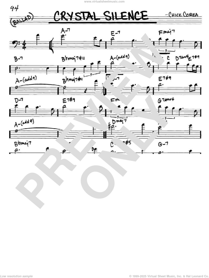 Crystal Silence sheet music for voice and other instruments (bass clef) by Chick Corea and Neville Potter, intermediate skill level