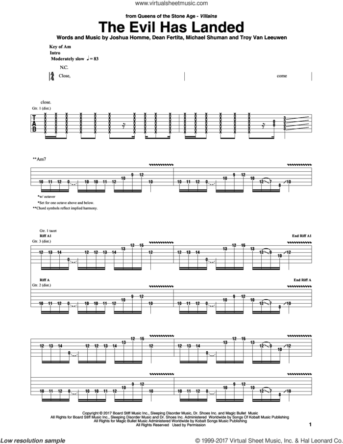 The Evil Has Landed sheet music for guitar (rhythm tablature) by Queens Of The Stone Age, Dean Fertita, Joshua Homme, Michael Shuman and Troy Van Leeuwen, intermediate skill level