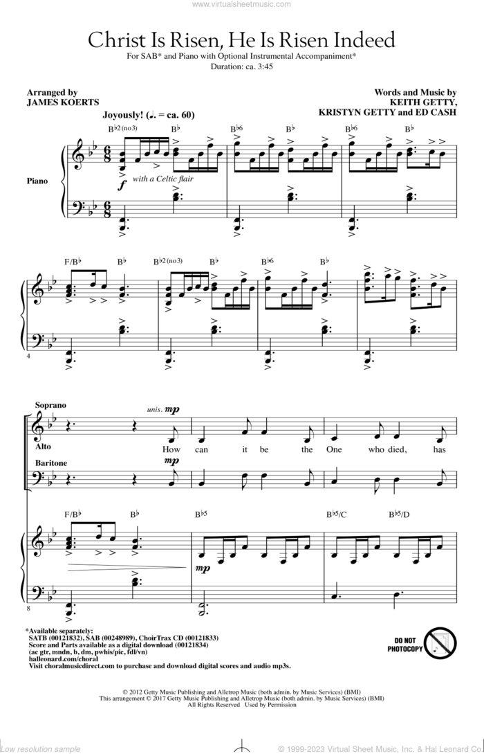 Christ Is Risen, He Is Risen Indeed (arr. James Koerts) sheet music for choir (SAB: soprano, alto, bass) by Keith Getty and Kristyn Getty and Ed Cash, James Koerts, Keith & Kristyn Getty, Ed Cash, Keith Getty and Kristyn Getty, intermediate skill level