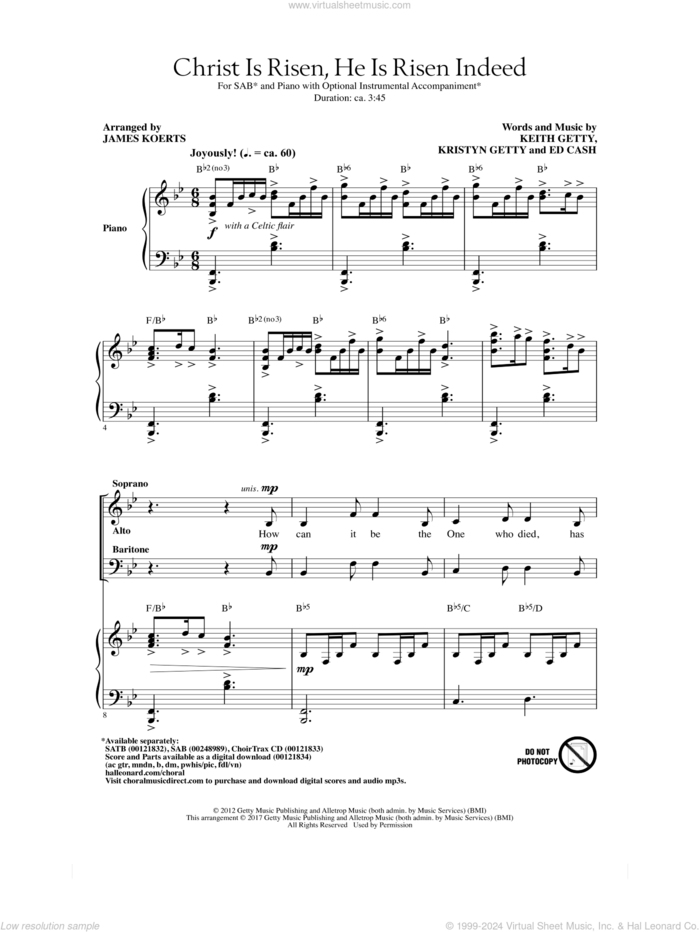 Christ Is Risen, He Is Risen Indeed (arr. James Koerts) sheet music for choir (SAB: soprano, alto, bass) by Keith Getty and Kristyn Getty and Ed Cash, James Koerts, Keith & Kristyn Getty, Ed Cash, Keith Getty and Kristyn Getty, intermediate skill level