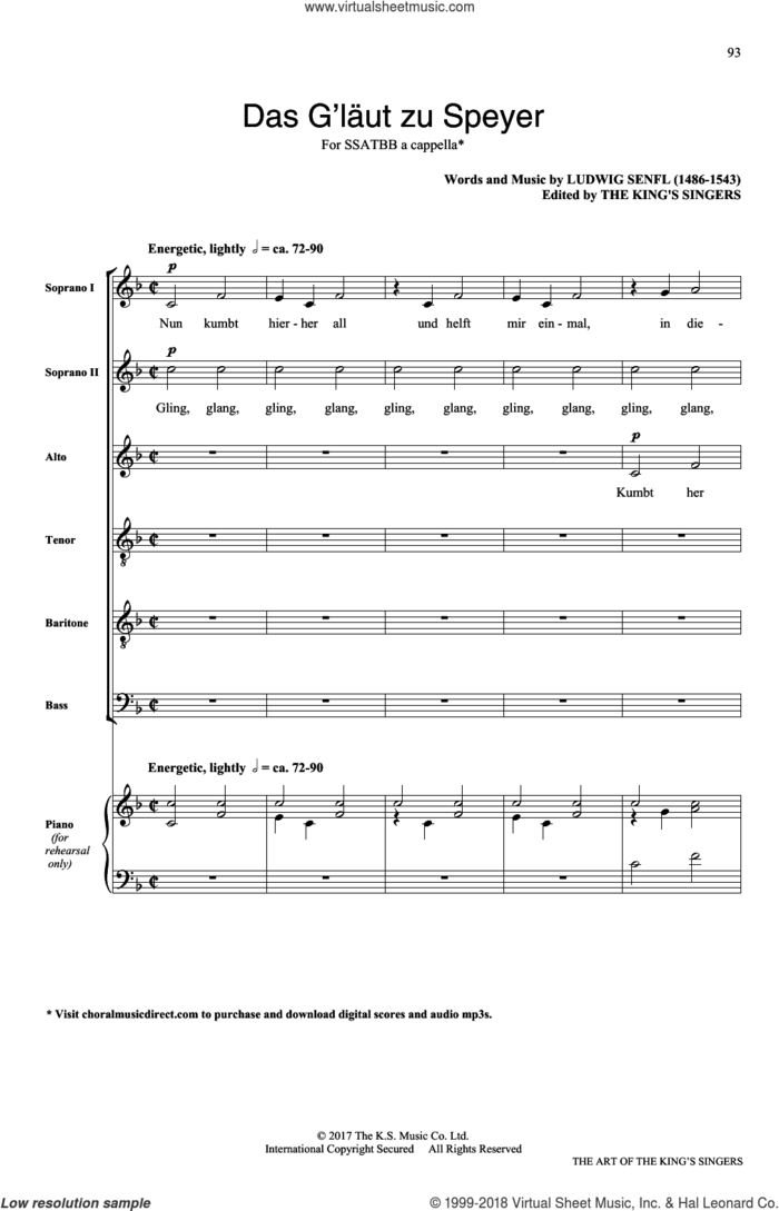 Das G'laut zu Speyer sheet music for choir (SATB: soprano, alto, tenor, bass) by The King's Singers and Ludwig Senfl, classical score, intermediate skill level