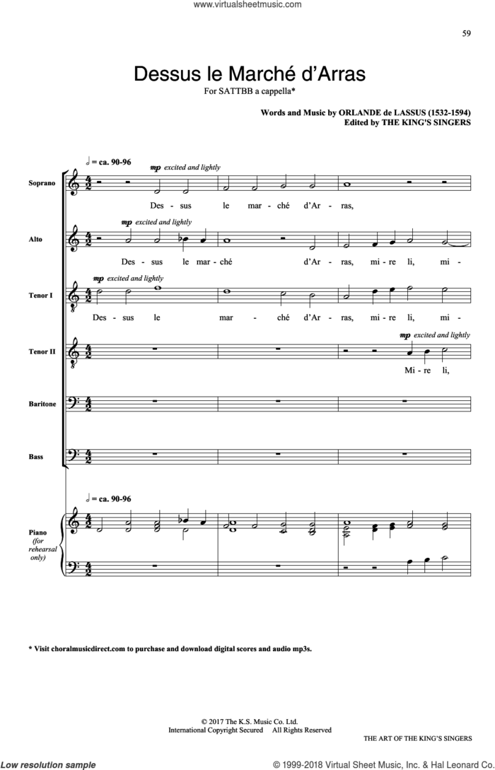 Dessus le march d'Arras sheet music for choir (SATB: soprano, alto, tenor, bass) by The King's Singers and Orlando Di Lasso, classical score, intermediate skill level