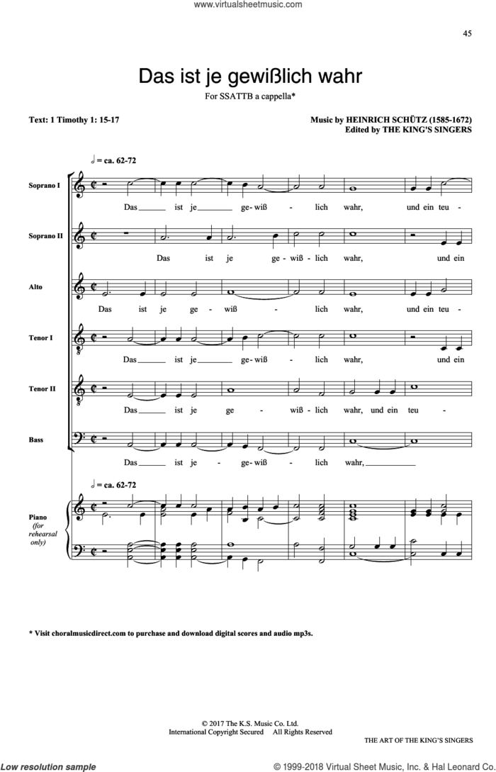 Das ist je gewusslich wahr sheet music for choir (SATB: soprano, alto, tenor, bass) by The King's Singers, 1 Timothy 1: 15-17 and Heinrich Schutz and Heinrich Schutz, classical score, intermediate skill level