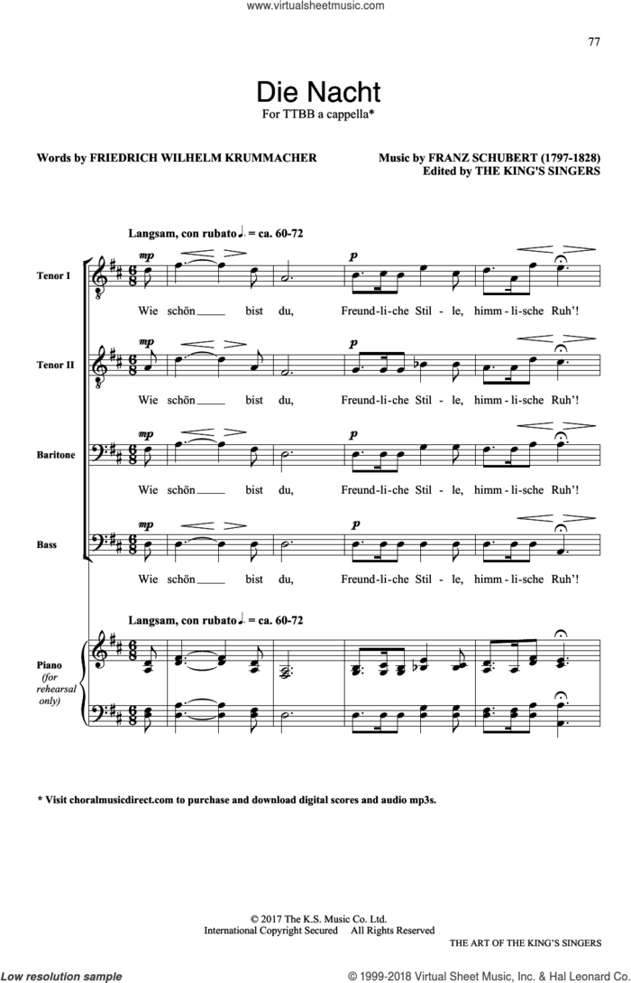 Die Nacht sheet music for choir (SATB: soprano, alto, tenor, bass) by Franz Schubert and Friedrich Wilhelm Krummacher, classical score, intermediate skill level