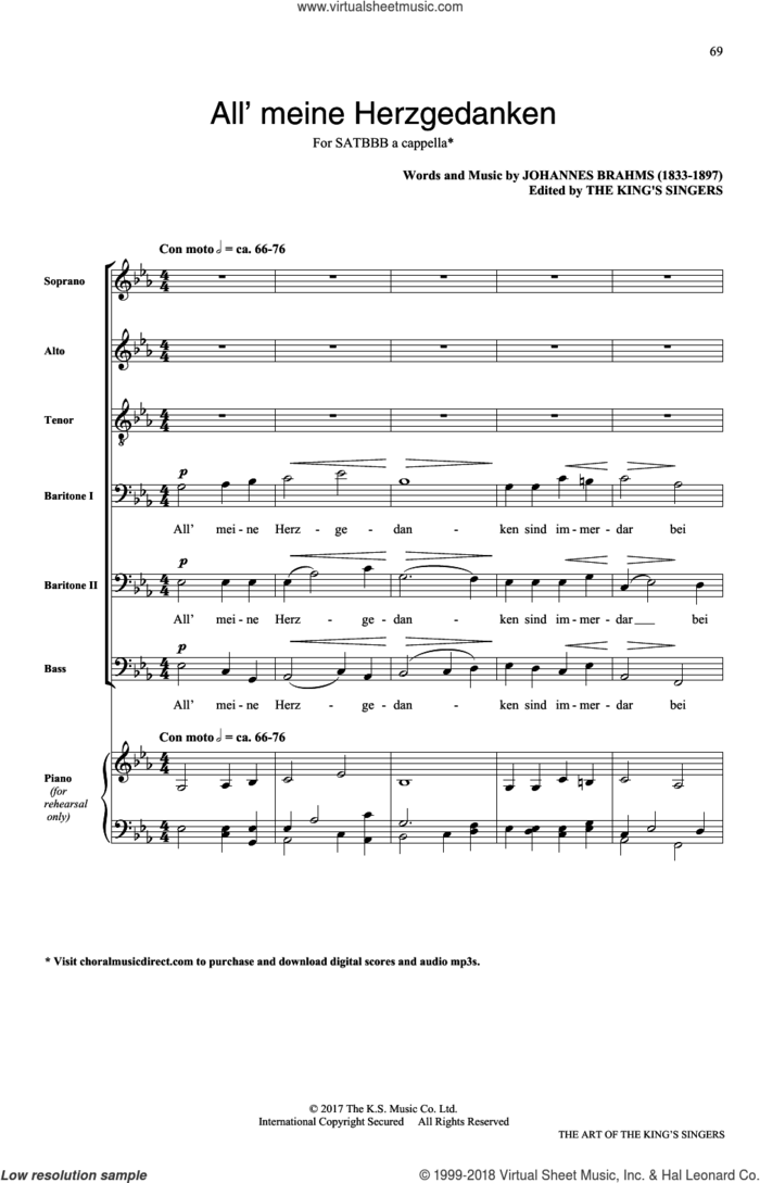 Alle meine Herzgedanken sheet music for choir (SATB: soprano, alto, tenor, bass) by The King's Singers and Johannes Brahms, classical score, intermediate skill level