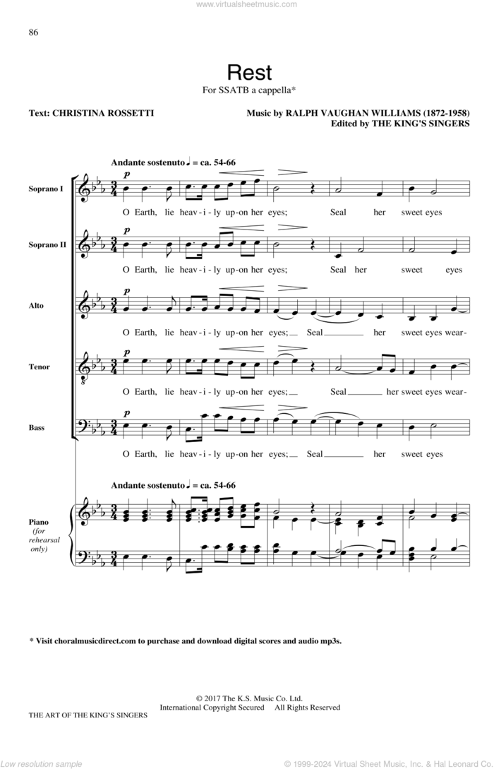 Rest sheet music for choir (SATB: soprano, alto, tenor, bass) by The King's Singers, Christina Rossetti and Ralph Vaughan Williams, classical score, intermediate skill level