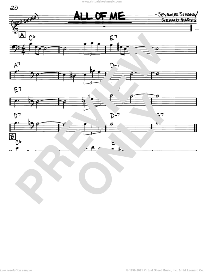All Of Me sheet music for voice and other instruments (bass clef) by Louis Armstrong, Frank Sinatra, Willie Nelson, Gerald Marks and Seymour Simons, intermediate skill level