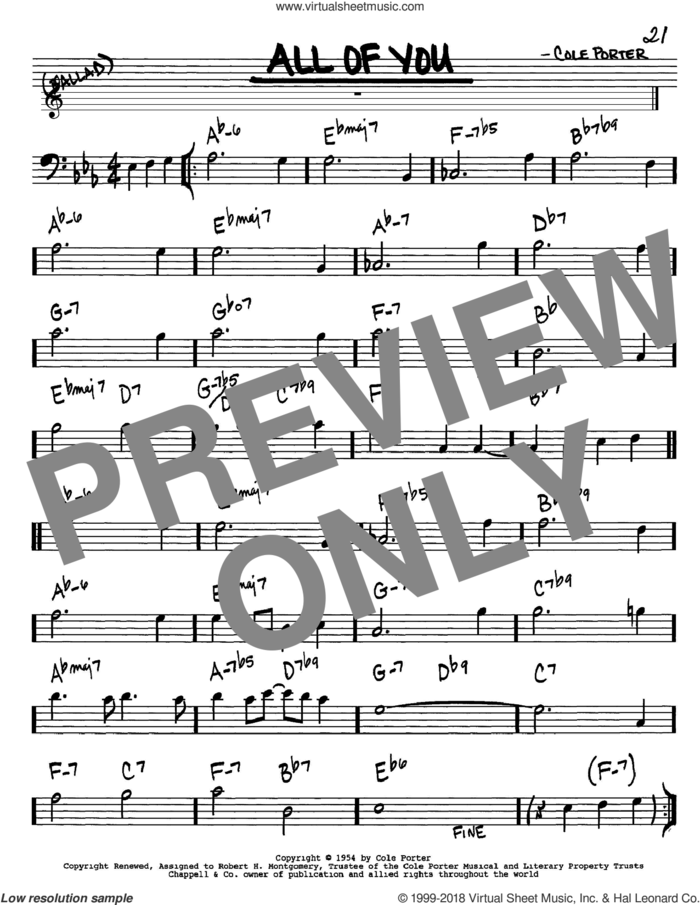 All Of You sheet music for voice and other instruments (bass clef) by Cole Porter, intermediate skill level