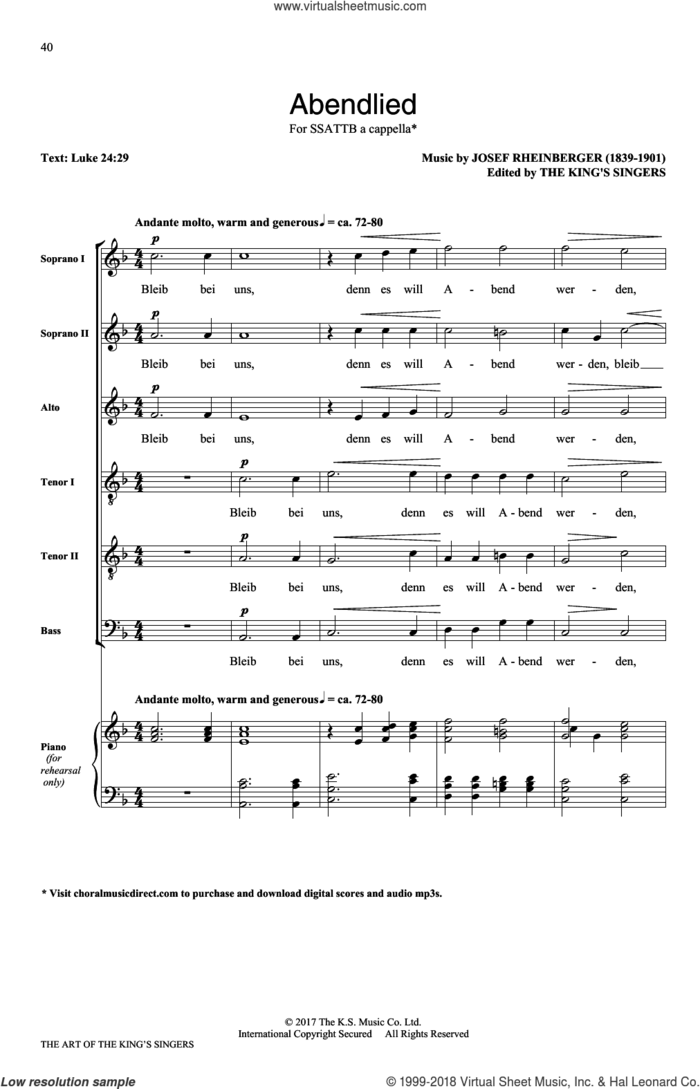 Abendlied sheet music for choir (SATB: soprano, alto, tenor, bass) by The King's Singers and Josef Rheinberger, intermediate skill level
