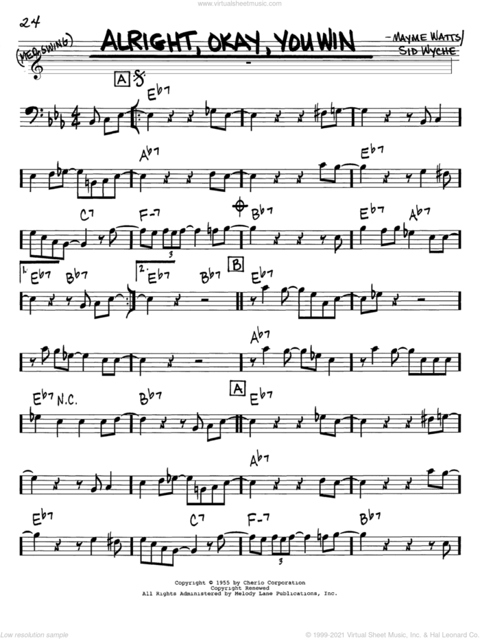 Alright, Okay, You Win sheet music for voice and other instruments (bass clef) by Peggy Lee, Mayme Watts and Sid Wyche, intermediate skill level