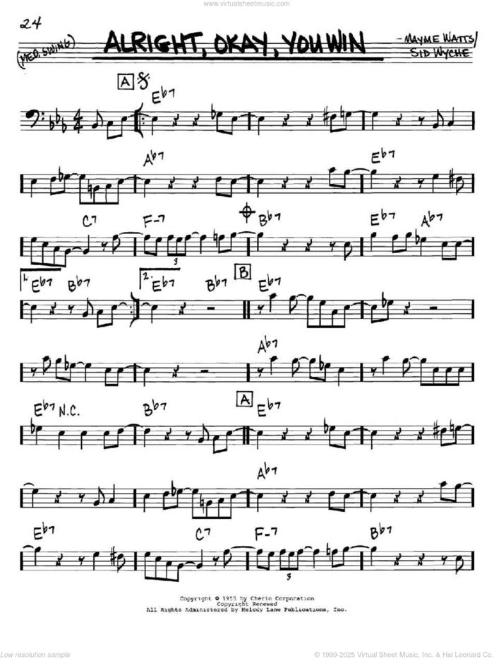 Alright, Okay, You Win sheet music for voice and other instruments (bass clef) by Peggy Lee, Mayme Watts and Sid Wyche, intermediate skill level