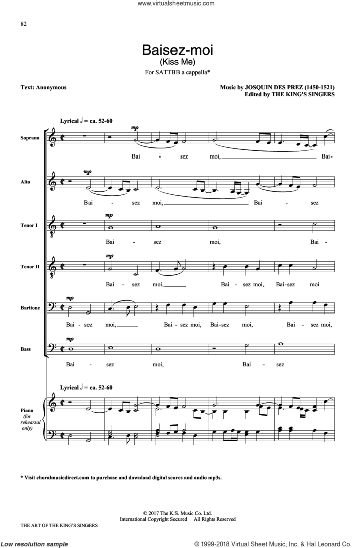 Baisez-moi (Kiss Me) sheet music for choir (SATB: soprano, alto, tenor, bass) by The King's Singers and Josquin des Prez, classical score, intermediate skill level