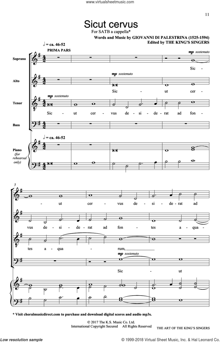 Sicut Cervus sheet music for choir (SATB: soprano, alto, tenor, bass) by The King's Singers and Giovanni Di Palestrina, classical score, intermediate skill level