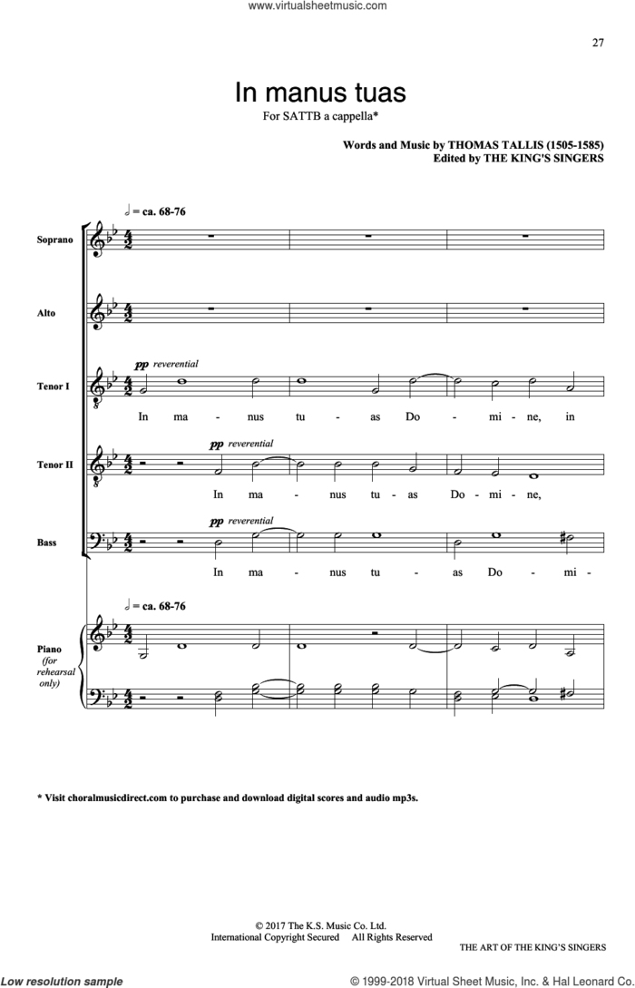 In Manus Tuas sheet music for choir (SATB: soprano, alto, tenor, bass) by The King's Singers and Thomas Tallis, classical score, intermediate skill level
