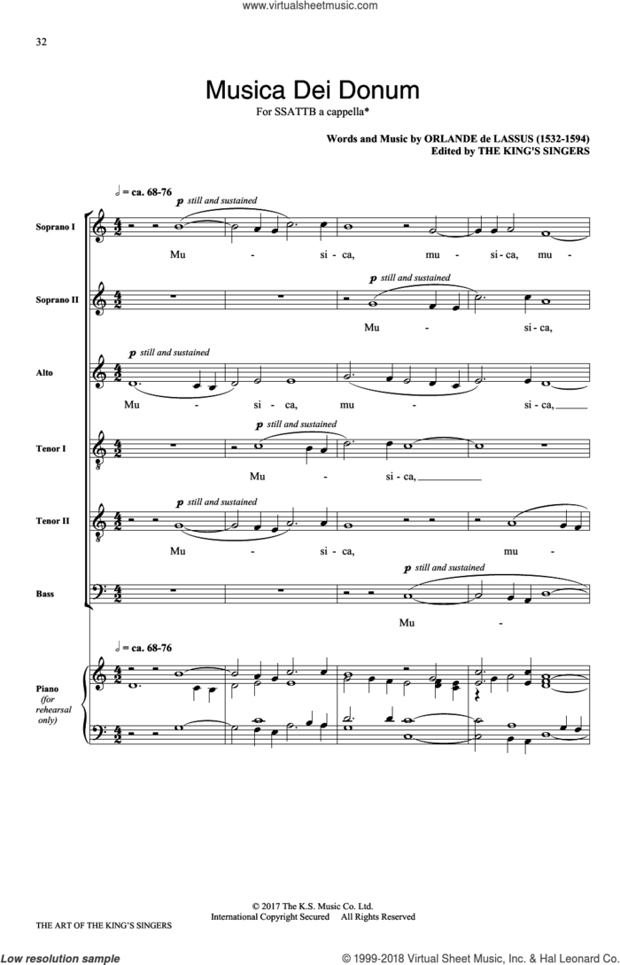 Musica Dei Donum sheet music for choir (SATB: soprano, alto, tenor, bass) by The King's Singers and Orlande de Lassus, classical score, intermediate skill level