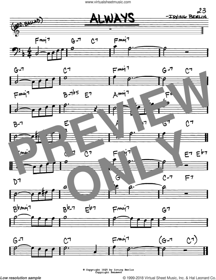 Always sheet music for voice and other instruments (bass clef) by Irving Berlin, Billie Holiday, Frank Sinatra and Patsy Cline, intermediate skill level