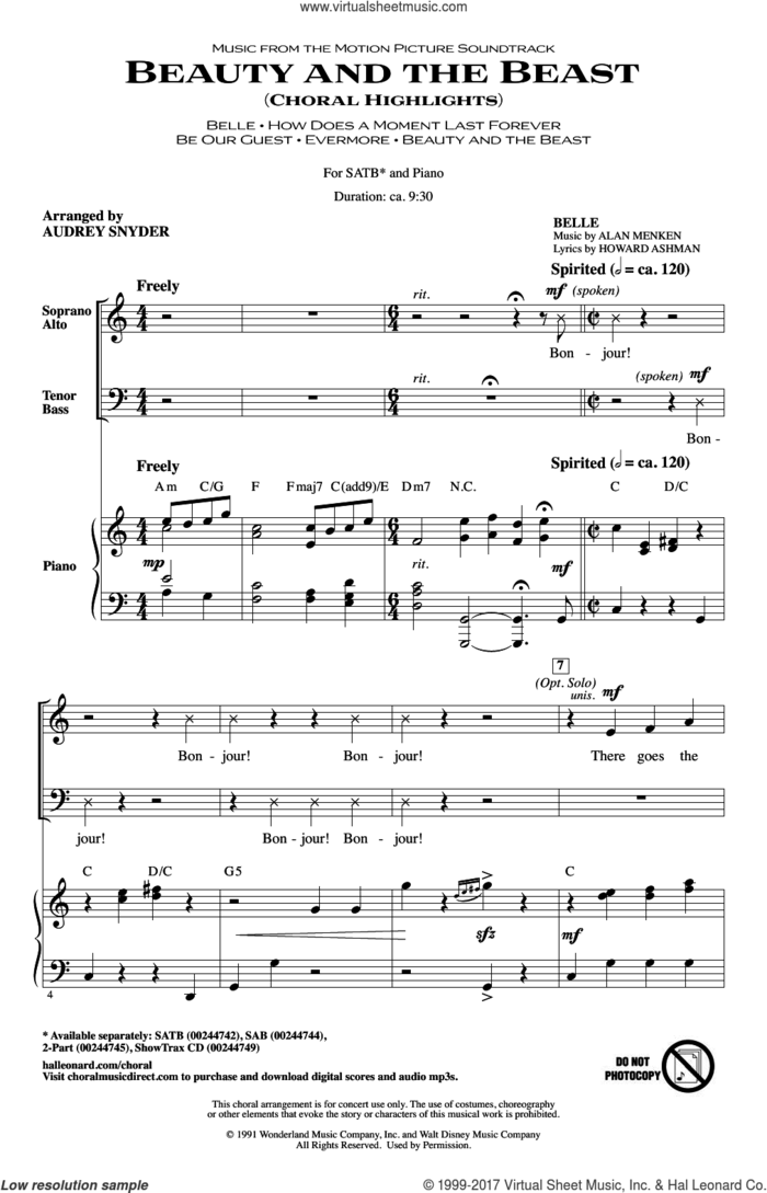 Beauty and The Beast (Choral Highlights) sheet music for choir (SATB: soprano, alto, tenor, bass) by Alan Menken, Audrey Snyder, Howard Ashman and Tim Rice, intermediate skill level
