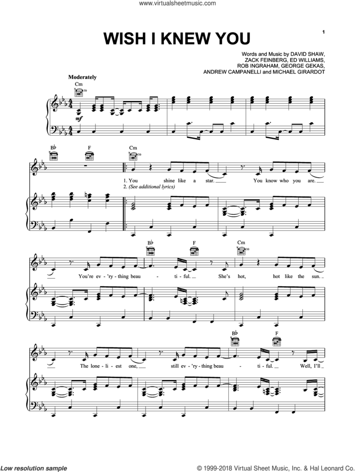 Wish I Knew You sheet music for voice, piano or guitar by The Revivalists, Andrew Campanelli, David Shaw, Ed Williams, George Gekas, Michael Girardot, Rob Ingraham and Zack Feinberg, intermediate skill level