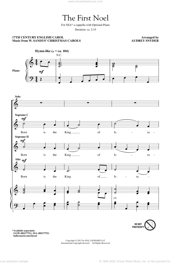 The First Noel sheet music for choir (SSA: soprano, alto) by Audrey Snyder and Miscellaneous, intermediate skill level