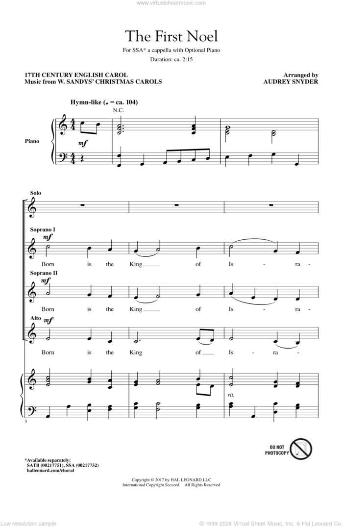 The First Noel sheet music for choir (SSA: soprano, alto) by Audrey Snyder and Miscellaneous, intermediate skill level