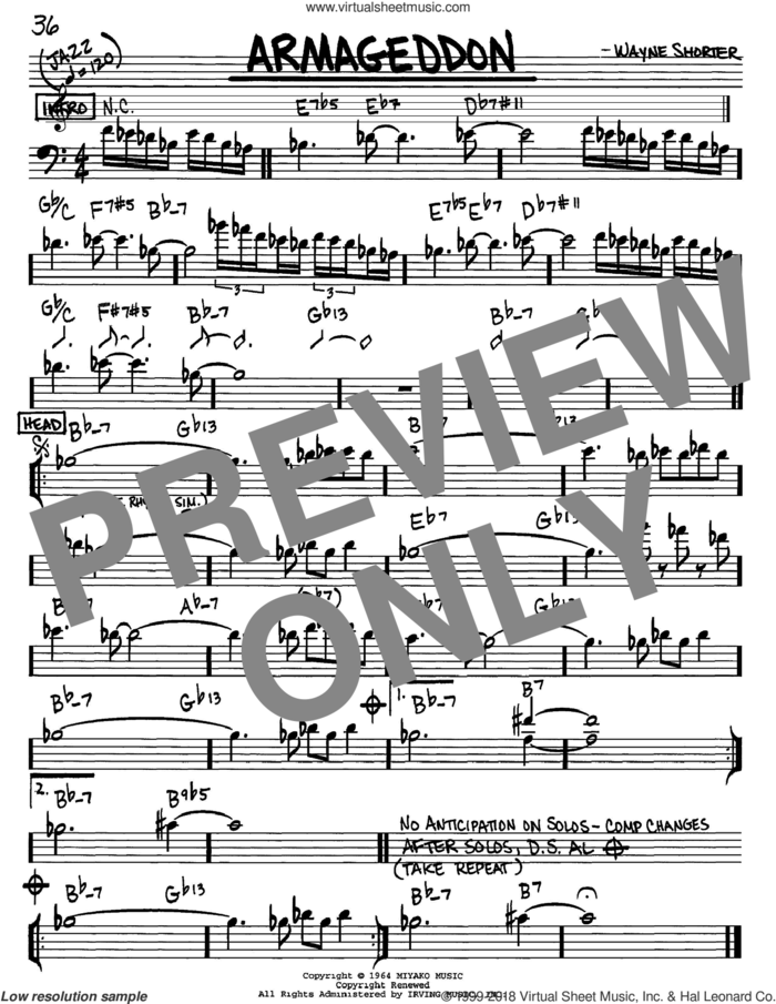 Armageddon sheet music for voice and other instruments (bass clef) by Wayne Shorter, intermediate skill level