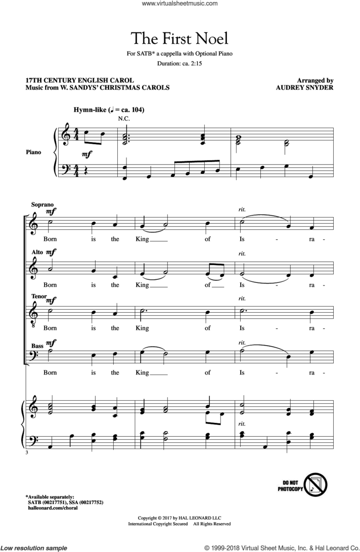 The First Noel sheet music for choir (SATB: soprano, alto, tenor, bass) by Audrey Snyder and Miscellaneous, intermediate skill level
