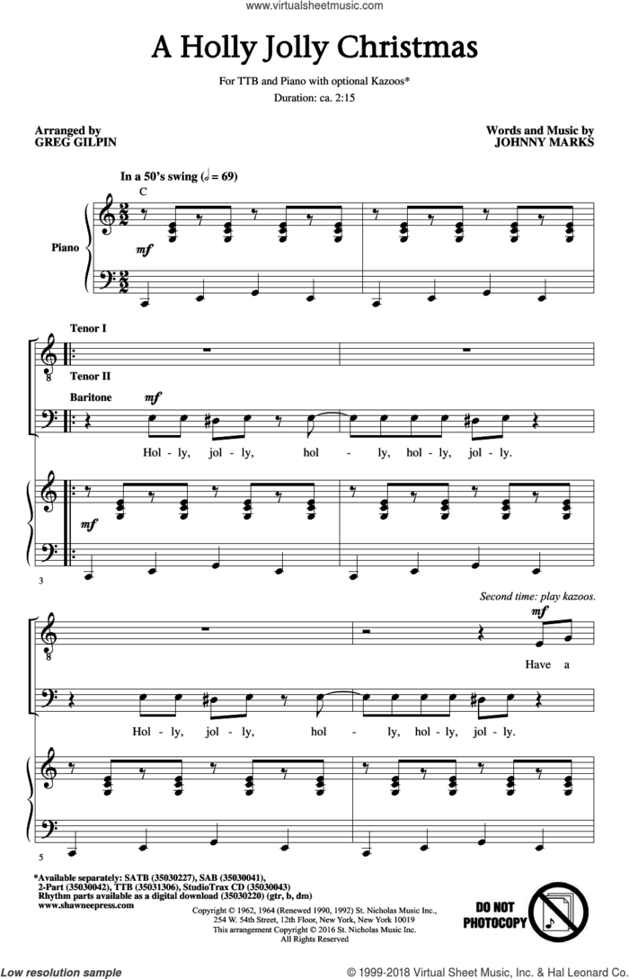A Holly Jolly Christmas (arr. Greg Gilpin) sheet music for choir (TTBB: tenor, bass) by Johnny Marks and Greg Gilpin, intermediate skill level