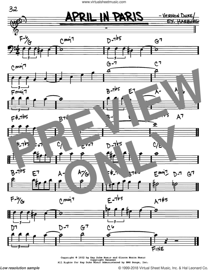 April In Paris sheet music for voice and other instruments (bass clef) by E.Y. Harburg, Coleman Hawkins, Count Basie and Vernon Duke, intermediate skill level