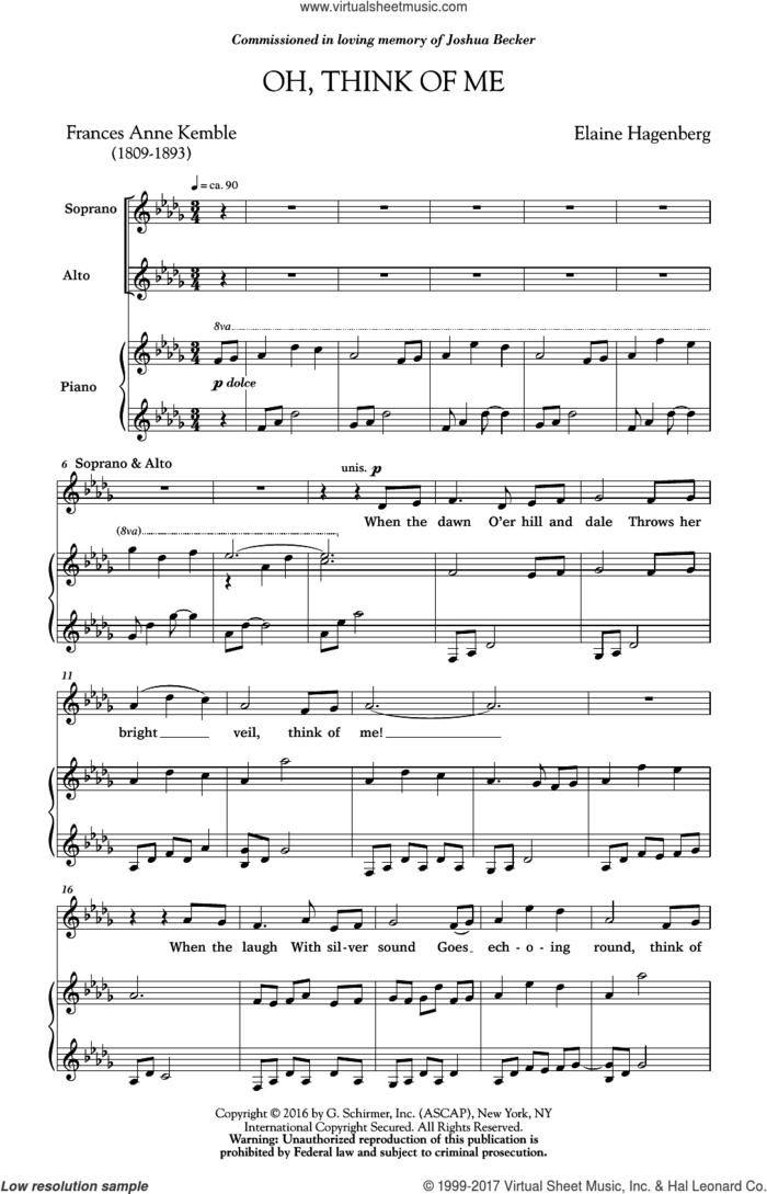 Oh, Think Of Me sheet music for choir (SSA: soprano, alto) by Elaine Hagenberg and Franny Ann Kemble, intermediate skill level