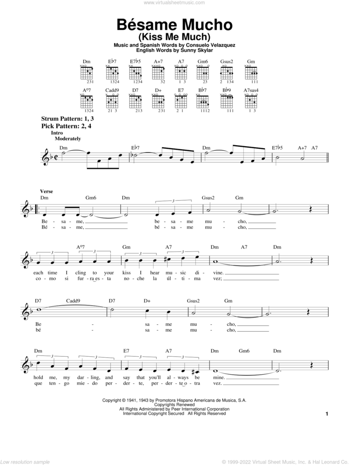 Besame Mucho (Kiss Me Much) sheet music for guitar solo (chords) by Consuelo Velazquez and Sunny Skylar, easy guitar (chords)