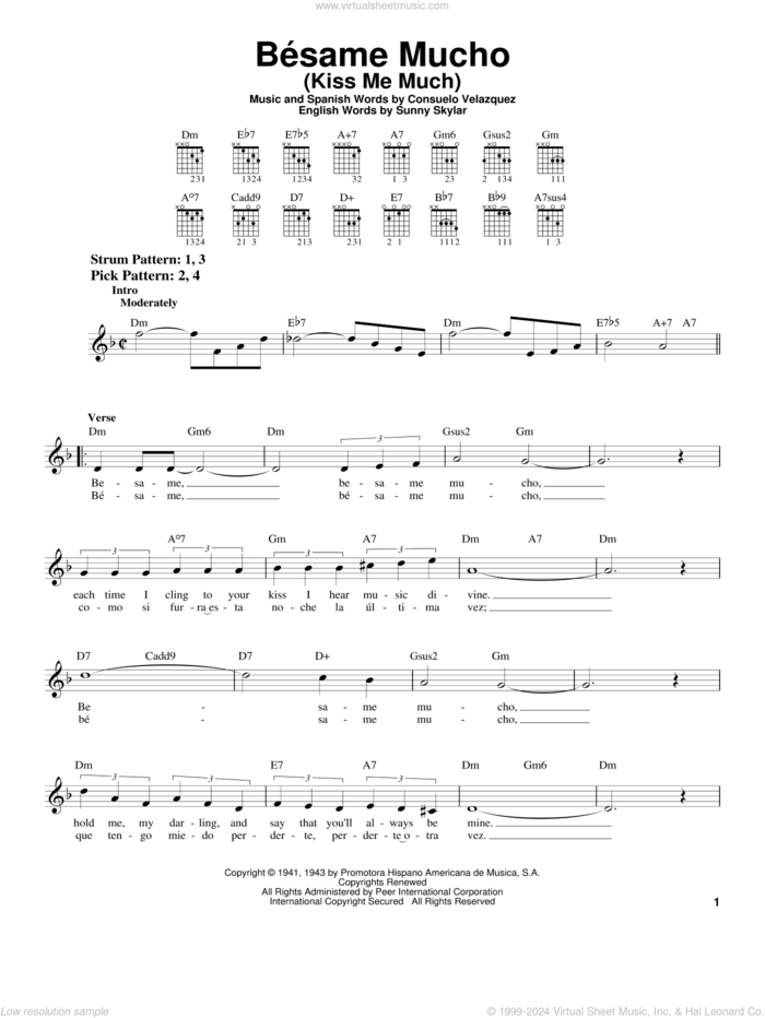 Besame Mucho (Kiss Me Much) sheet music for guitar solo (chords) by Consuelo Velazquez and Sunny Skylar, easy guitar (chords)